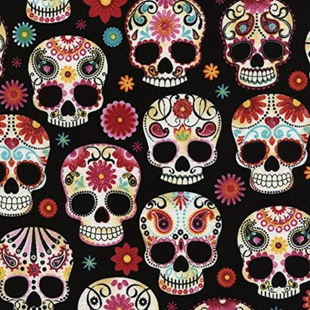 Black Day of the Dead Sugar Skulls Halloween Fabric by the 1/2 Yard  #C4139